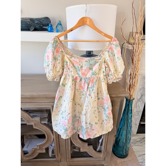 Selkie Hampton Floral Puff Sleeve Romper Women Yellow Pastel Size Large - Picture 3 of 12